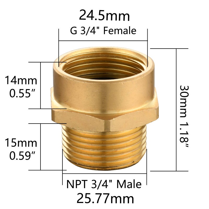 Tecmolog Brass Garden Hose Fitting Connector G Thread (Metric BSP) 3/4" Female to NPT Male Thread 3/4" Pipe Fitting Adapter, SBA037A - Image 2